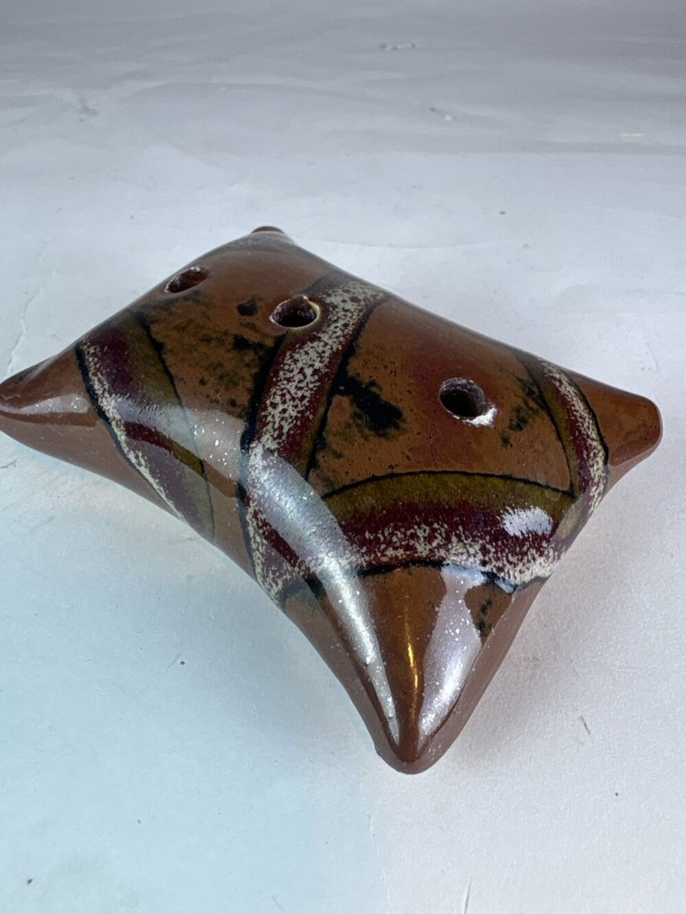 Vintage Studio Pottery Flower Frog Vase, Abstract Tree Design, Three Hole Ikeban